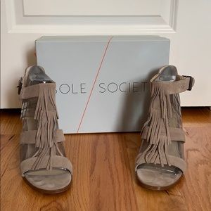 Fringe block heel sandals by Sole Society